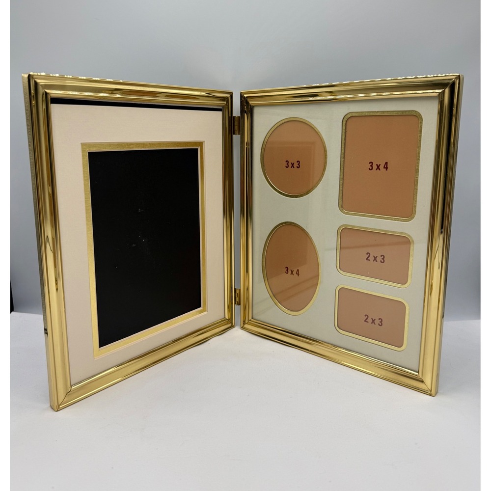Collage Picture Frame Gold Tone Bi-Fold Multi-Photo Metal